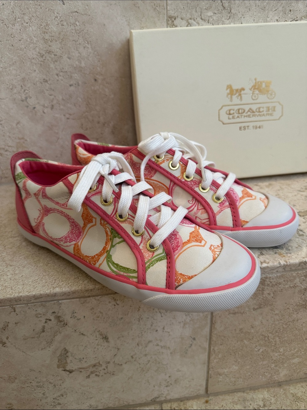 New Coach Pink White Sneakers with Pink and Multicolor Signature Print